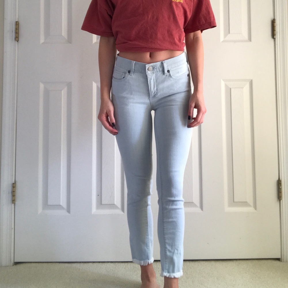 light wash raw hem jeans